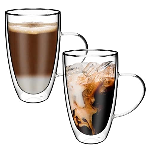 Image of Vinsani PIVANO Double Walled Coffee Drink Glasses Tea Cup Mug 600ml Set of 2 Heat Cold Resistant Aesthetic Clear Borosilicate Glass with Handle Cappuccino Latte Tea Dessert Hot and Cold Drinks