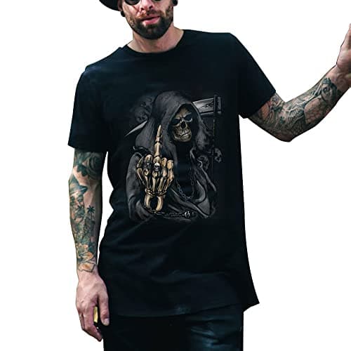 Image of Stars and Stripes Grim Funny Reaper Middle Finger Death Biker Skull Skeleton Gothic Horror Hip-hop Unisex Adults T-Shirt(L, Black)