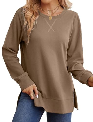 Image of WIHOLL Sweatshirts for Women Oversized Jumpers Ladies Long Sleeve Tops Crewneck Tunic Side Split Coffee 2XL