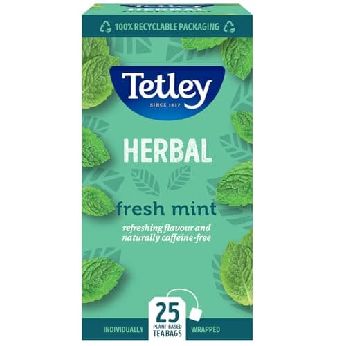 Image of Tetley Fresh Mint Tea Bags - Refreshing Peppermint & Spearmint Blend - Naturally Caffeine-Free - Smooth & Cooling Herbal Infusion - Rainforest Alliance Certified - 25 Teabags (1 Pack)