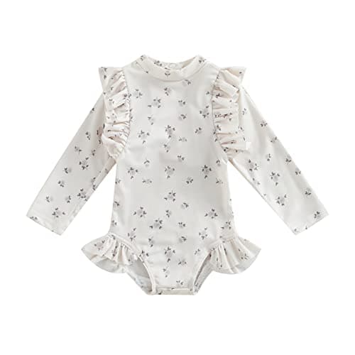 Image of Edhomenn Toddler Girls One Piece Swimsuit Sweet Long Sleeve Crew Neck Floral Bathing Suit Infant Girls Summer Beach Romper Swimwear (01 Floral, 6-12 Months)