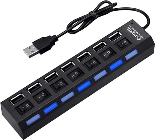 Image of PeakTrend Multi Port Splitter, 7 Port USB 2.0 Hub, USB A Port Data Hub with Independent On/Off Switch and LED Indicators, Lights for Laptop, PC, Computer, Mobile HDD, Flash Drive for All USB Device