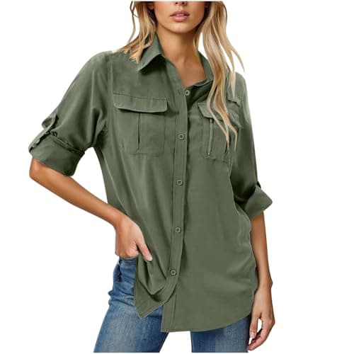 Image of HAOLEI Womens Long Sleeve Shirts Sun Protection Hiking Fishing Tops UPF 50+ UV Lightweight Quick-Dry Outdoor Safari Shirts Button Up Travel Outfits Ladies Blouses with Pockets Army Green