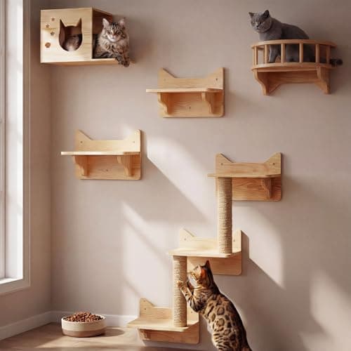 Image of Cat Shelves for Wall, Furniture Set – Shelves and Perches for Wall, Climbing Shelf Playground Set, Scratching Post with 3-Step Shelf for Indoor Mounted Condos House