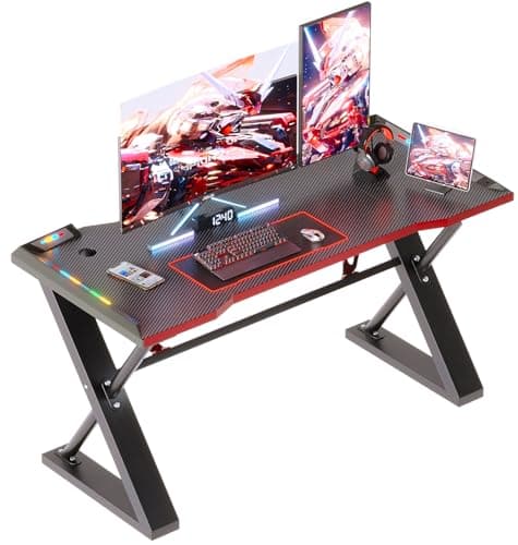 Image of Xyphren 100 * 55 cm Gaming Desk with LED Lights, Gaming Table Thickened Z Shaped, Gamer Desk with Carbon Fiber Coated, Gaming PC Desk, Computer Desk Easy to Assemble, Carbon Fiber Black