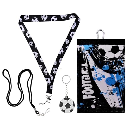 Image of LEHEEYWT Football Boys Wallet, Trifold Neck Kids Wallet with Football Keyring and 2 Pairs Lanyards, Velcro Waterproof Wallets for Teenage Boys Girls 9-12 Gifts (Blue)