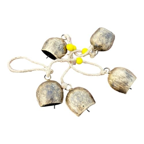 Image of THE ANTIQUE HOUSE Rustic Gold 2x2.5x30 Inch Set of 5 Handmade Antique Gold Finish Wall Hanging Rope Jute Iron Bells Cow Bell Wind Chime