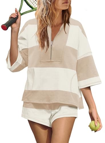Image of Yanekop Womens 2 Piece Summer Outfit Workout Sets Shorts Two Piece Lounge Set Oversized Striped T Shirt and Shorts Set, Beige Pink, XL