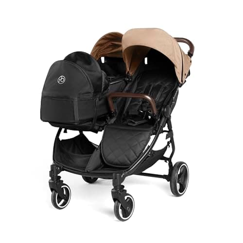 Image of Ickle Bubba Venus Prime Double Stroller – Suitable from Birth to 15kgs (Approx. 3 Years), Lightweight, Foldable Twin Pushchair with Newborn Cocoon, 2 Quilted Footwarmers & Rain Cover (Biscuit)