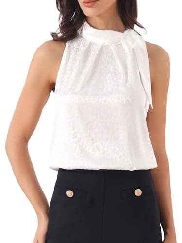 Image of Allegra K Women's Elegant Satin Sleeveless Bow Tie Neck Solid Work Blouse Top White Leopard Print L