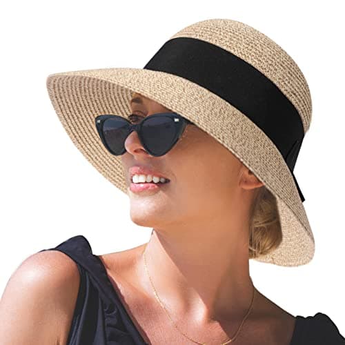 Image of Comhats Sun Hats Women, Ladies Straw Beach Hats UV Protection Summer Hat Foldable Wide Brimmed Sunhats Packable Panama Hat Adjustable Beige Mixed M/L 57CM