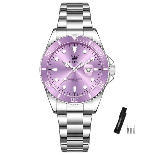 Image of OLEVS Women's Watches Chronograph Quartz Stainless Steel Strap Waterproof 30M Ladies Wrist Watch Luminous Multifunction Dial with Date Elegant Purple Fashion Watches for Women