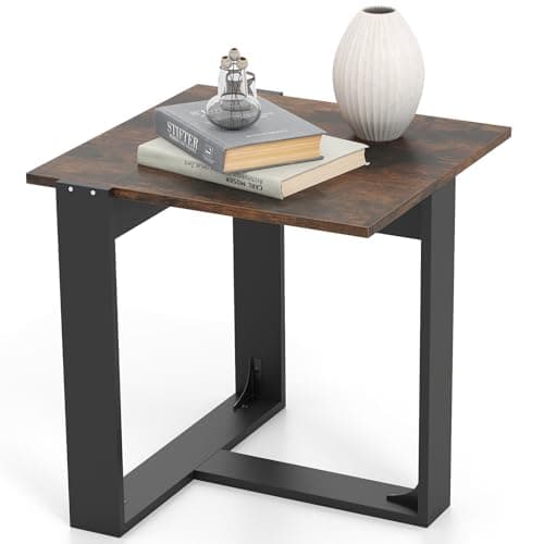 Image of COSTWAY Sofa Side Table, Industrial Nightstand Bedside End Table with T-Shaped Metal Base, Square Accent Coffee Tea Tables for Small Space, Living Room, Bedroom, 50x50x50cm, Rustic Brown+Black (1)