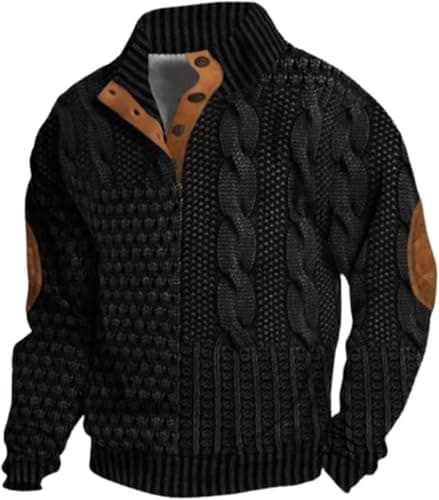 Image of LLECDASEUI Clothing For Men Vintage Knit Sweater Top Print Outdoor Leisure Stand Collar Long Sleeve Pullover Sweatshirt (Black,S)