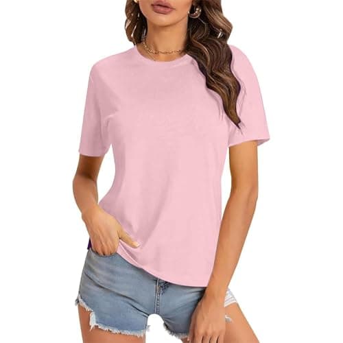 Image of Oversized Shirts for Women Short Sleeve Crew Neck T Shirts Loose Fit Boyfriend Tee Ladies Clothes Summer Party Tees Plus Size S-5Xl Light Pink XL