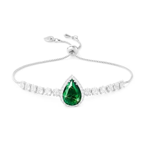 Image of Linawe Emerald Green Crystal Bracelets for Women, Silver Chain Charm Bracelet, Imitation Diamond Rhinestone Birthstone Moissanite Cubic Zirconia Bracelet Set, Prom Wedding Preppy Jewellery