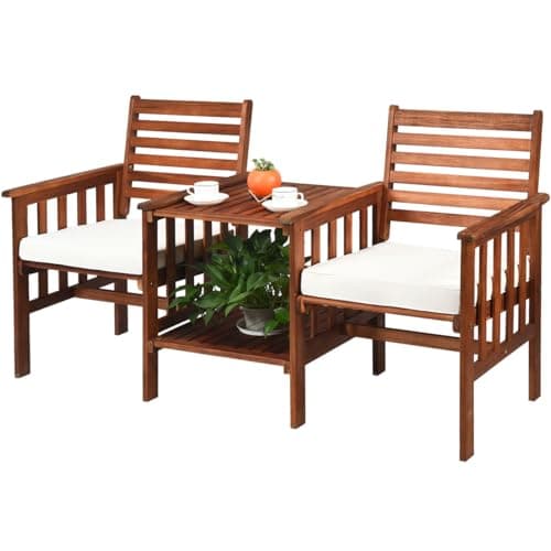 Image of COSTWAY 2-Seater Garden Loveseat, Wooden Bench Seat with 2 Tier Coffee Table and Umbrella Hole, Outdoor Twin Patio Chairs Conversation Furniture Set (Natural+White, 165 x 65 x 88cm, with Cushions)