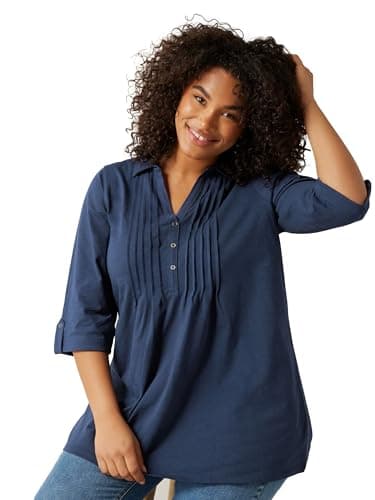 Image of EVANS Curve Blue Pintuck Henley Top - Women's - Plus Size Curve