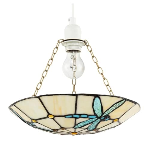 Image of Chic Aqua Sky Blue and Emerald Green Dragonfly Tiffany Glass Pendant Light Shade | 31cm x 6cm | Amber Glass Round Beads by Happy Homewares