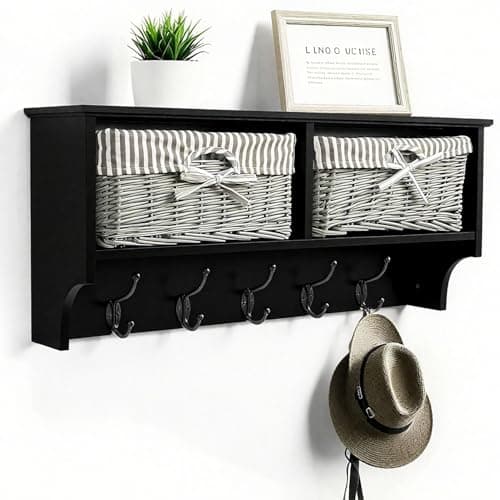 Image of Taylor & Brown Wall Mounted Coat Rack – Black Shelf with 2 Grey Wicker Baskets & 5 Double Hooks – Hallway Storage & Entryway Organiser for Coats, Bags & Scarves
