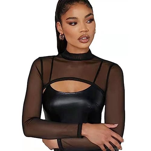 Image of Mesh Crop Tops for Women, Black Mock Neck Long Sleeve Mesh Crop Top Cover Up, Sexy See Through Shirt Slim Fit for Swim Beach Clubwear Yoga Sports