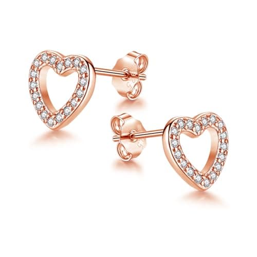 Image of Cangall Silver Stud Earrings for Women Rose Gold, 925 Sterling Silver Heart Stud Earrings with Cubic Zircon, Dainty CZ 8mm Small Sleeper Cartilage Love Heart Shape Earrings Trendy Jewelry for Girls