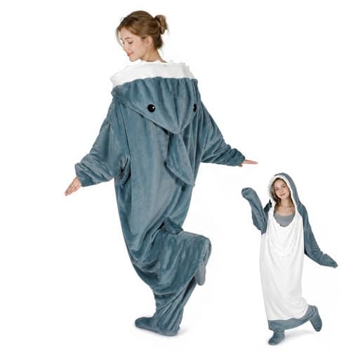 Image of QUSLLIS Shark Blanket - Super Soft, Cosy Flannel with Hood, Portable Sleeping Bag for Adults and Children, XXL