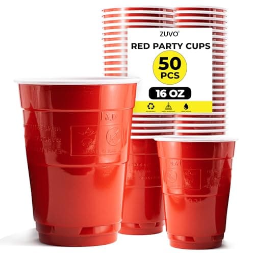 Image of Zuvo Red Party Cups – 16oz Plastic Disposable Cups (Pack of 50) – Durable Red Plastic Cups for BBQs, Birthdays, Events & Beer Pong – Recyclable, Easy to Use, Iconic Party Drinkware