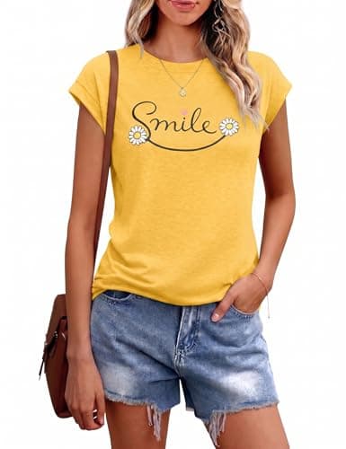 Image of Aottori T Shirt Women UK Summer Short Sleeve T-Shirt Flower Graphic Print Tee Tops Ladies Crew Neck Tshirts Loose Fit Casual Yellow M