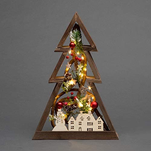 Image of 39cm LED Pre-Lit Decorated with Leaves Pine Cones Berries 3D Nordic Christmas Scene Tree Shape Wooden Frame Tabletop Decorations Xmas Ornament Gifts, Brown