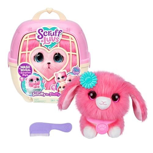Image of ScruffaLuvs Pet Scruffs Pink - Mystery Plush Toy, 7.5" Tall - Wash to Reveal 1 of 3 Rescue Pets: Puppy, Bunny, or Kitty - Includes 8.7" Deluxe Pet Carrier