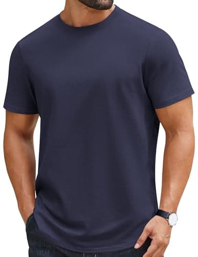 Image of COOFANDY Men's T Shirt 100% Cotton Heavyweight Short Sleeve Crew Neck Tee Basic Plain Tops Regular Fit Navy Blue L
