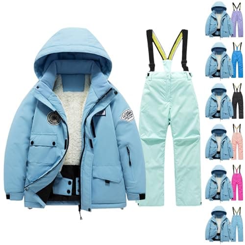 Image of Kids Snowsuit Set Winter Puffer Jacket and Snow Bib Pants Boys Girls Ski Suits 2 Piece Snowproof Ski Outfit Front Pockets Fleece Lined Skiwear for Winter Snowboarding (Sky Blue, 12-13 Years)