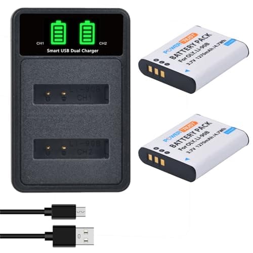 Image of PowerTrust 2Pcs LI-90B LI-92B DB-110 Battery + LED Dual Charger for Olympus Ricoh GR III,Tough TG-5,TG4,TG-1 iHS, TG2,TG-2 iHS,TG-3,TG-4,SH-50 iHS, SH-60,Tough SH-1,SH-2