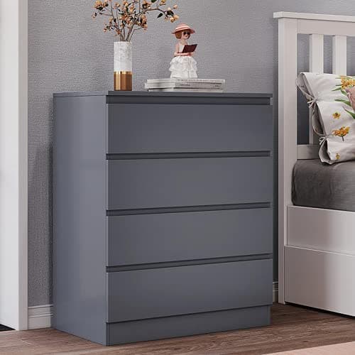 Image of Panana Wooden 3/4/5/6 Chest of Drawers with Metal Runners Modern Bedside Storage Cabinet for Living Room Hallway Bedroom (Grey, 4 Drawer Chest)