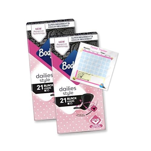 Image of Bodyform Dailies Black Panty Liners for Women Specifically Designed for Black Underwear Super Absorbent, Odour Absorbent | V-Zone Protection | Pack of 2X 21 (42 Liners) Including Period Tracker