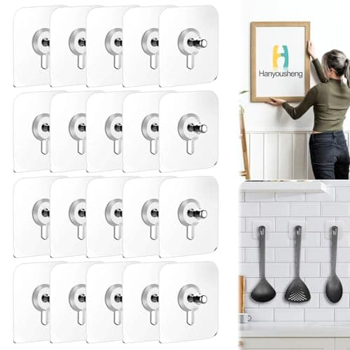 Image of Hanyousheng 20 Pcs Self Adhesive Picture Hooks, Heavy Duty Adhesive Wall Hooks, Transparent Sticky Hooks No Nails for Hanging Pictures, Frames & Decorations, Kitchen Bathroom Living Room Use, Max 5kg