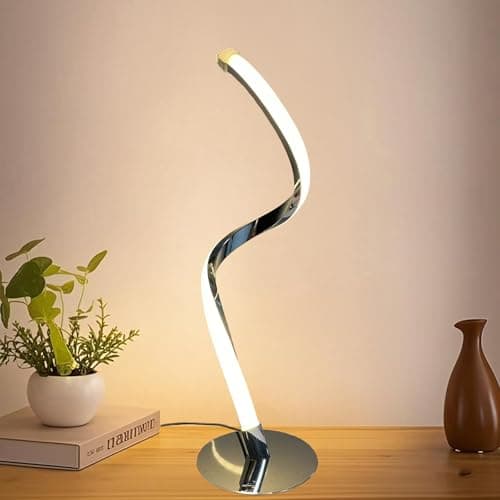 Image of Decorative Silver Table Lamp, Miniature Bedside Lamp, 3 Color Temperature Dimmable LED Modern Simple Curved Style for Bedroom, Living Room and Office Lighting Decorative Curved Art (Chrome Silver)