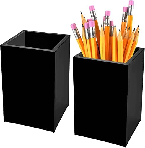 Image of 2 Pack Acrylic Pen Pot Acrylic Pen Pencil Holder Cup Desktop Stationery Makeup Brush Storage Organizer Candy Box for Desk Table, Office School Supplies 6.5 x 6.5 x 10 cm (Black Color - 2 Pack)