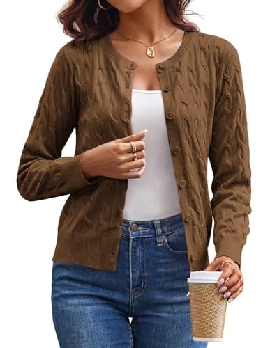 Image of GRACE KARIN Womens Long Sleeve Button Up Cable Knit Cardigan Lightweight 2025 Crewneck Button Down Sweaters for Women, Brown, Small