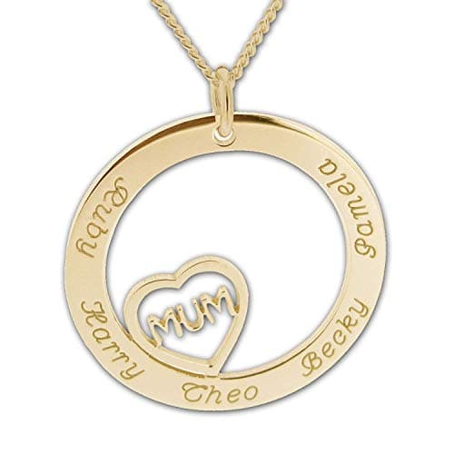 Image of 9ct Gold Plated Personalised Mum Heart in Engraved Disc Pendant or Necklace with optional Chain - Gift Boxed
