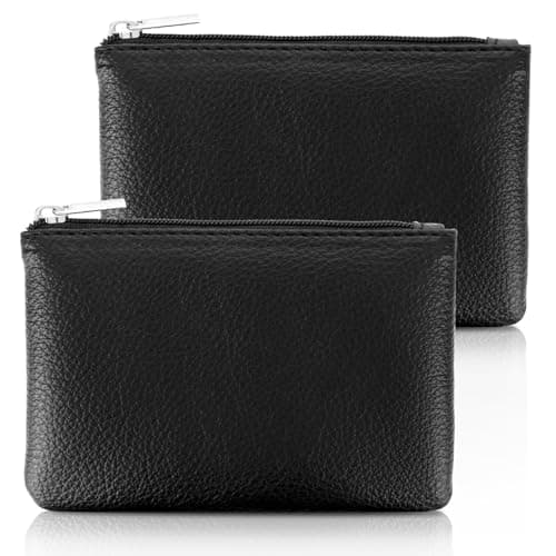 Image of Xinjoduz 2 PCS Coin Purse Pouch, Black Vegan Leather Coin Pouch PU Lychee Pattern Zipper Mini Wallet Portable Change Holder Small Coin Purse for Women Men Credit Card Id Key Headset Lipstick