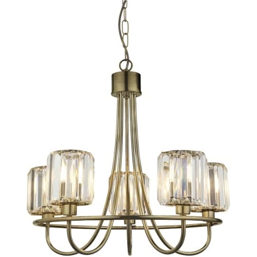 Image of Multi Arm Hanging Ceiling Pendant Light - Antique Brass Plate & Clear Glass - 5 X 6W LED E14
