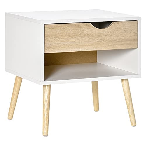 Image of HOMCOM Bedside Table with Drawer and Shelf, Modern Nightstand, End Table for Bedroom, Living Room, White