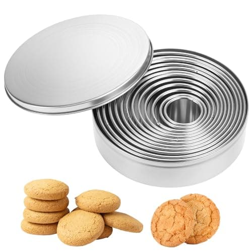 Image of QWORK® 12 Piece Plain Round Cookie/Pastry Cutter Set - 304 Stainless Steel -Ø3-12CM with Storage Tin