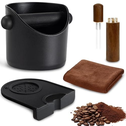 Image of Espresso Coffee Knock Box, Coffee Machine Accessories 4.4 Inch Bin Small, Removable Knock Bar and Non-Slip Base with Coffees Stirring Needle and Towel, Coffees Grounds Knocks Box (Black)