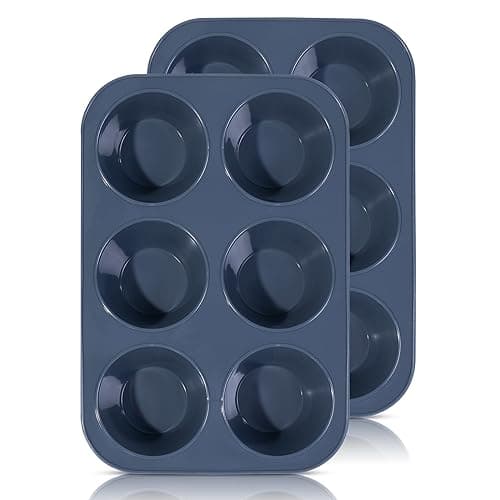 Image of 2 Pack Deep and Jumbo Muffin Tray 6 Cup Large Silicone Muffins Pan, Non-Stick Giant Cupcake Tin, Silicon Mould Bakeware, Baking Case for Yorkshire Pudding, Bun, Cupcakes, 27.8 x 19 x 5 cm (Grey)