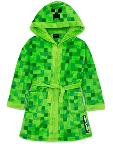 Image of Minecraft Creeper Dressing Gown For Boys & Girls | Kids Green Soft Pixelated Bathrobe With Creeper Face Hood | Teens & Children’s Nightwear Robe | Gamer Gifts
