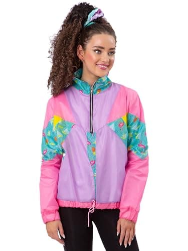 Image of Smiffys Ladies 80s Pastel Windbreaker Jacket Small Retro Shell Suit Style Neon Pink and Purple Fancy Dress Top for 1980s Themed Parties Festivals and Workout Costumes