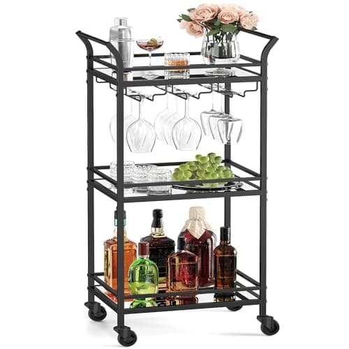 Image of VASAGLE 3-Tier Drinks Trolley, Black Bar Cart on Wheels, with Handles, Mirrored Glass Shelves, Serving Trolley for Small Spaces, Kitchen, Dining Room, Bathroom, Living Room, Home Bar, Black LRC091B62